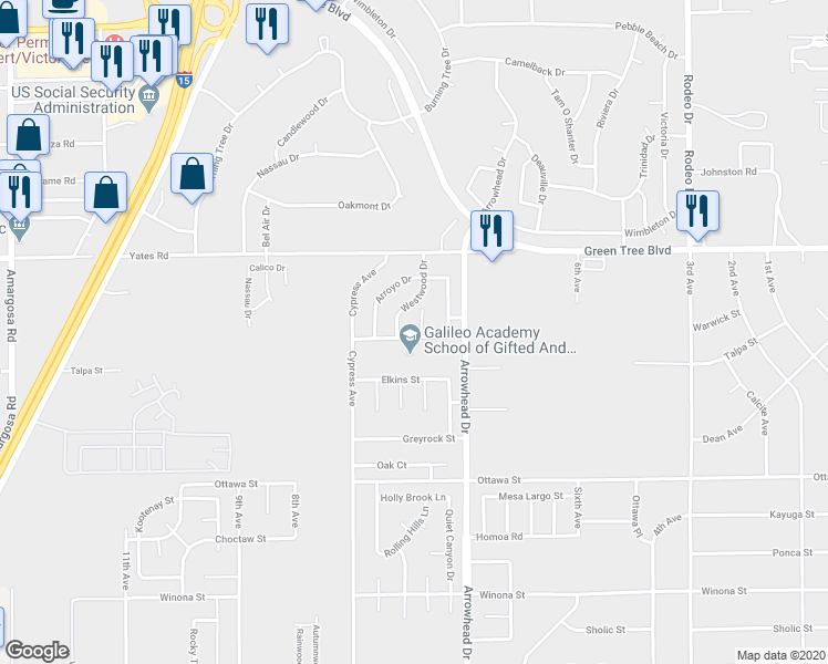 map of restaurants, bars, coffee shops, grocery stores, and more near 13560 Rocca Court in Victorville