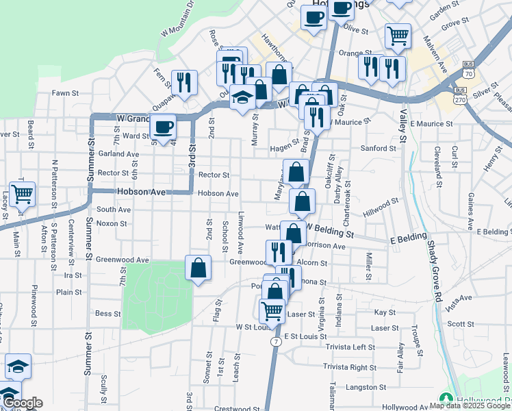 map of restaurants, bars, coffee shops, grocery stores, and more near 243 Hobson Avenue in Hot Springs
