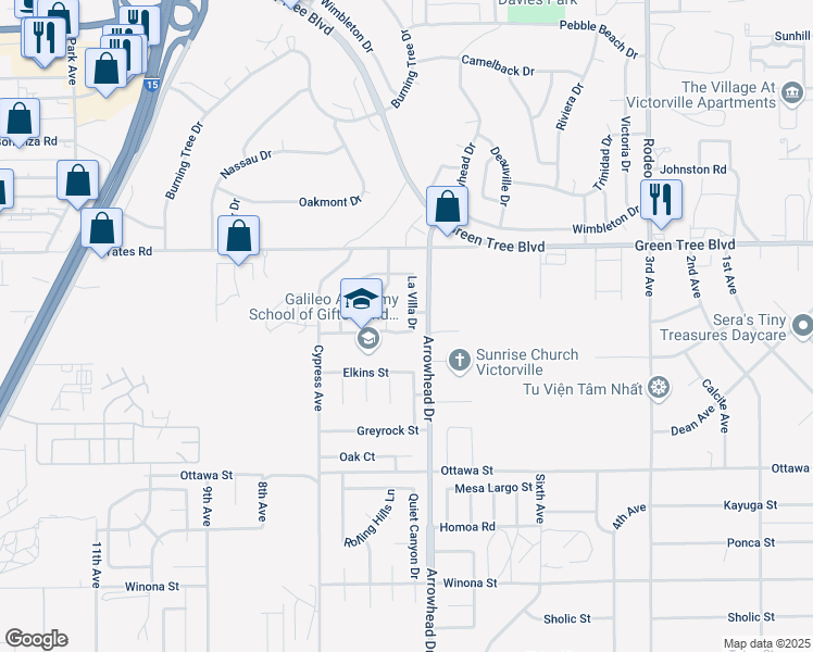 map of restaurants, bars, coffee shops, grocery stores, and more near 13560 La Villa Drive in Victorville
