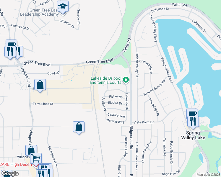 map of restaurants, bars, coffee shops, grocery stores, and more near 17568 Landis Drive in Victorville