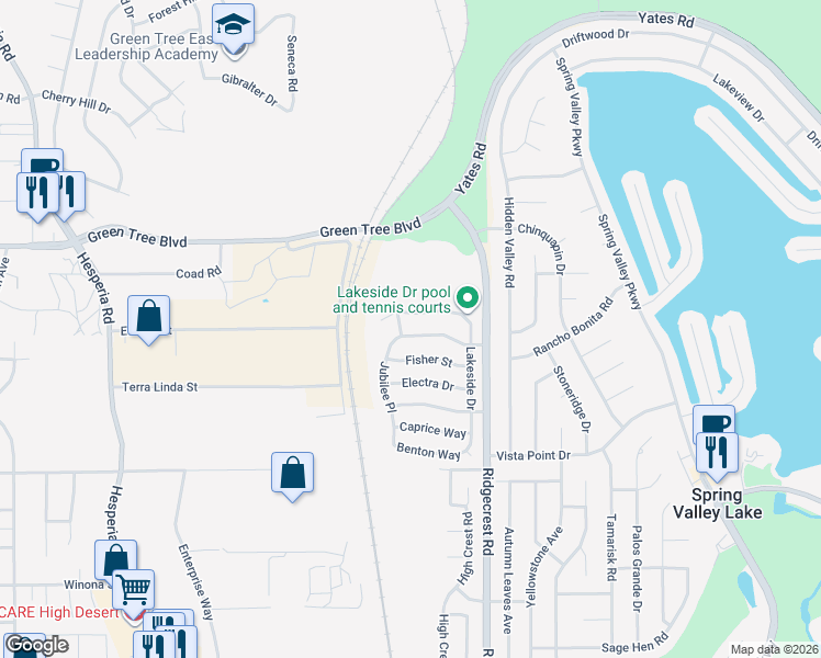 map of restaurants, bars, coffee shops, grocery stores, and more near 17568 Landis Drive in Victorville