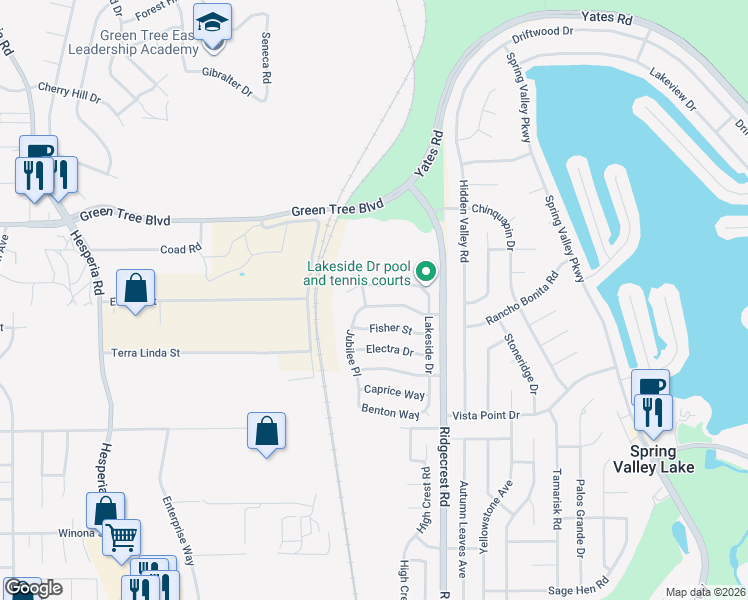 map of restaurants, bars, coffee shops, grocery stores, and more near 17568 Landis Drive in Victorville