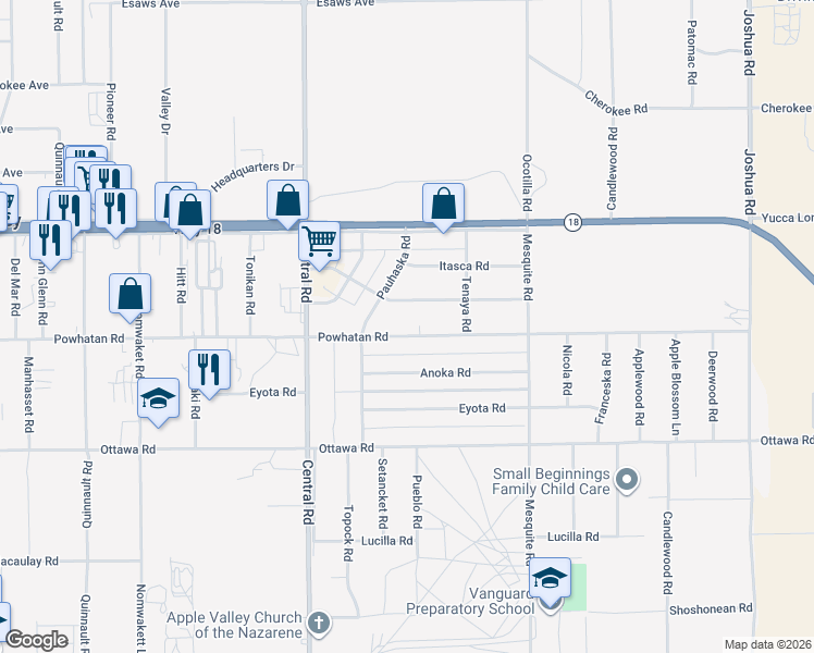 map of restaurants, bars, coffee shops, grocery stores, and more near 22545 Powhatan Road in Apple Valley