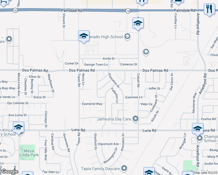 map of restaurants, bars, coffee shops, grocery stores, and more near 13060 Evanston Street in Victorville