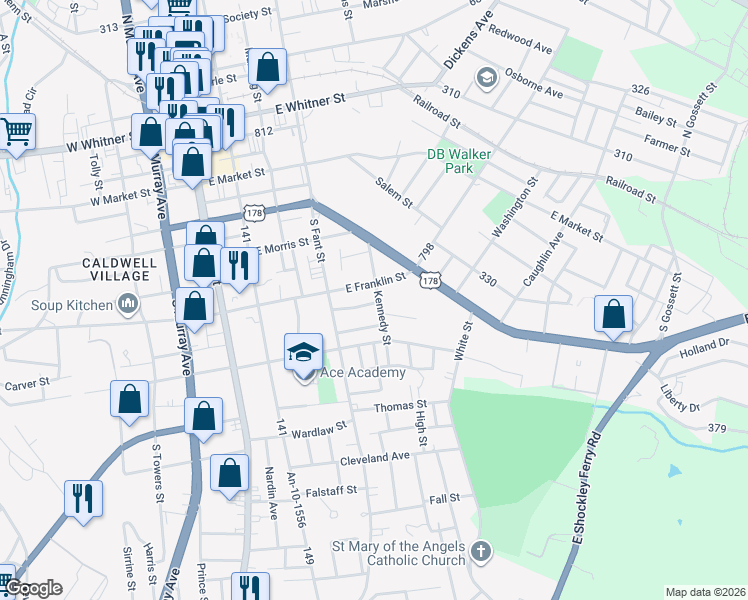 map of restaurants, bars, coffee shops, grocery stores, and more near 418 Douglas Street in Anderson