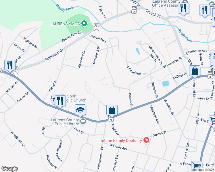 map of restaurants, bars, coffee shops, grocery stores, and more near 103 Smith Street in Laurens