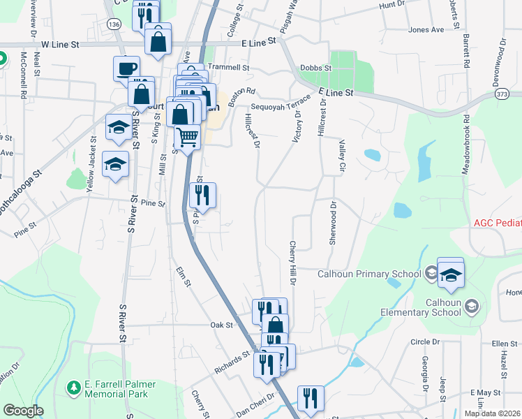 map of restaurants, bars, coffee shops, grocery stores, and more near 129 Victory Drive in Calhoun