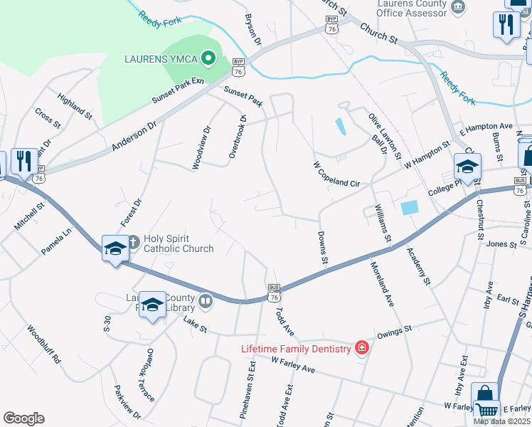 map of restaurants, bars, coffee shops, grocery stores, and more near 103 Smith Street in Laurens