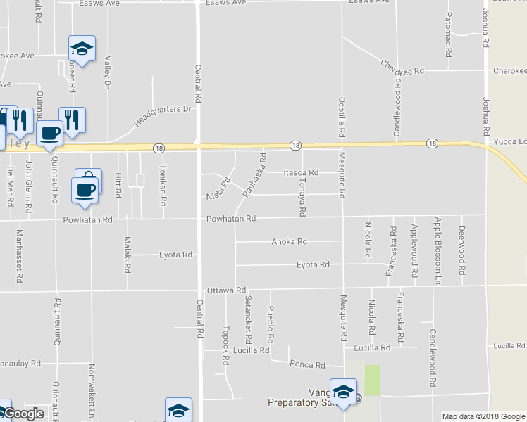 map of restaurants, bars, coffee shops, grocery stores, and more near 22545 Powhatan Road in Apple Valley