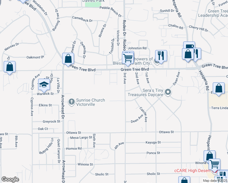 map of restaurants, bars, coffee shops, grocery stores, and more near 13520 3rd Avenue in Victorville