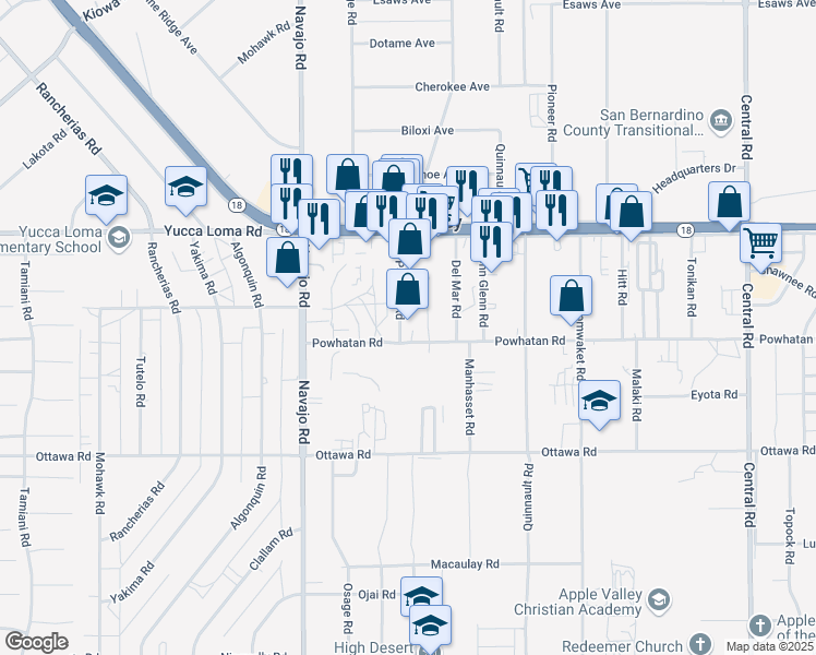 map of restaurants, bars, coffee shops, grocery stores, and more near 13535 Pawnee Road in Apple Valley