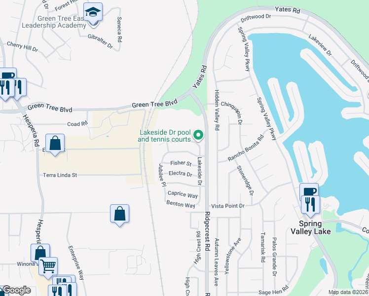 map of restaurants, bars, coffee shops, grocery stores, and more near 17633 Landis Drive in Victorville