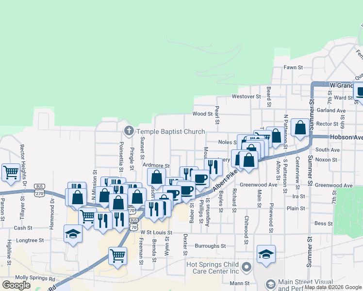 map of restaurants, bars, coffee shops, grocery stores, and more near 300 Cooper Street in Hot Springs