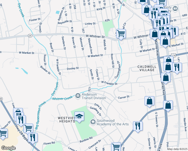 map of restaurants, bars, coffee shops, grocery stores, and more near 511 Smith Street in Anderson