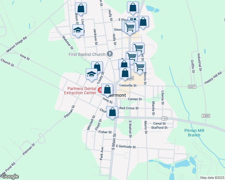 map of restaurants, bars, coffee shops, grocery stores, and more near Thompson Street in Fairmont