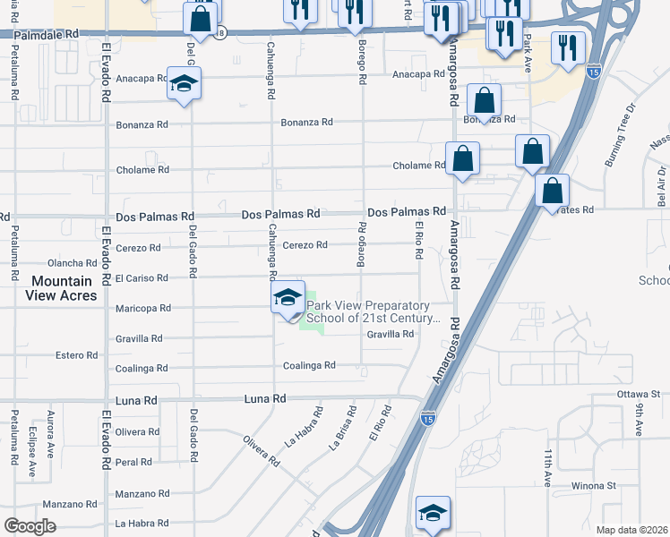 map of restaurants, bars, coffee shops, grocery stores, and more near 15040 El Cariso Road in Victorville