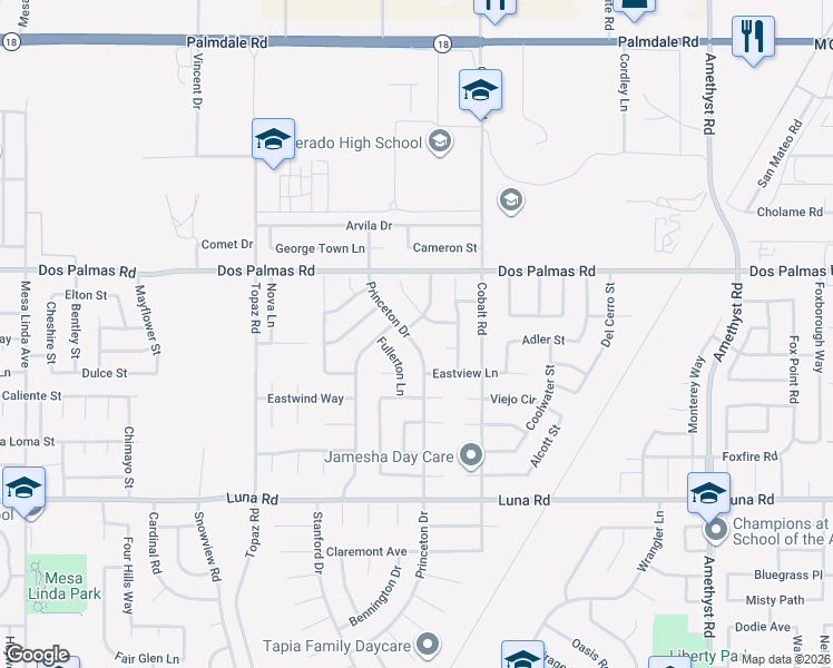 map of restaurants, bars, coffee shops, grocery stores, and more near 13565 Princeton Drive in Victorville