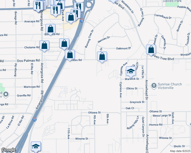 map of restaurants, bars, coffee shops, grocery stores, and more near 13572 Nassau Drive in Victorville