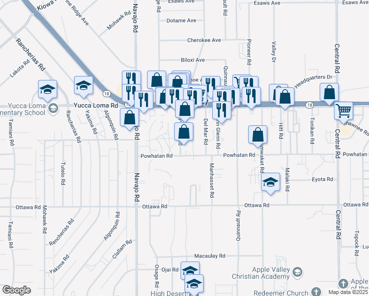 map of restaurants, bars, coffee shops, grocery stores, and more near 13535 Pawnee Road in Apple Valley