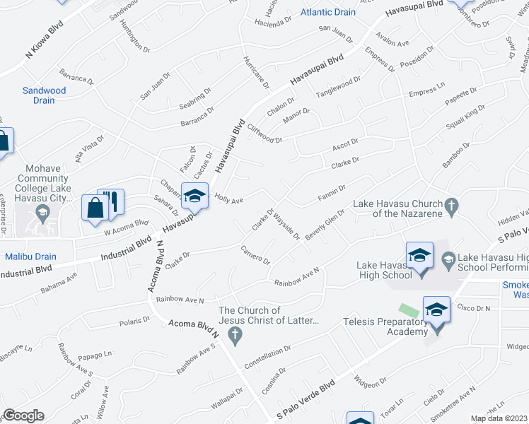 map of restaurants, bars, coffee shops, grocery stores, and more near 2373 Clarke Place in Lake Havasu City