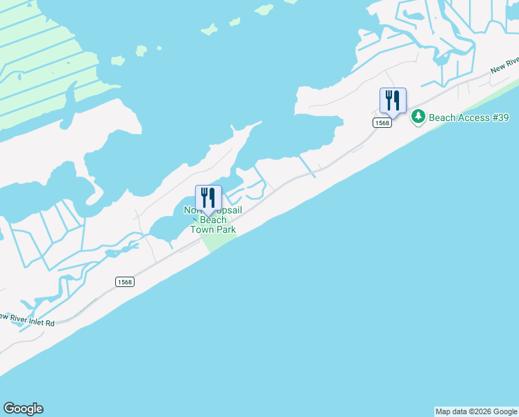 map of restaurants, bars, coffee shops, grocery stores, and more near 550 New River Inlet Road in North Topsail Beach