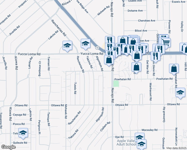 map of restaurants, bars, coffee shops, grocery stores, and more near 13508 Yakima Road in Apple Valley