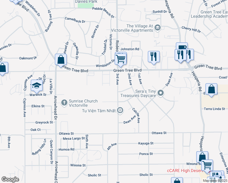 map of restaurants, bars, coffee shops, grocery stores, and more near 13520 3rd Avenue in Victorville