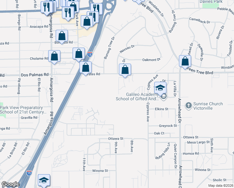 map of restaurants, bars, coffee shops, grocery stores, and more near 13560 Nassau Drive in Victorville