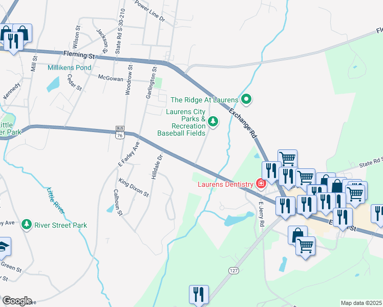 map of restaurants, bars, coffee shops, grocery stores, and more near 749 East Main Street in Laurens