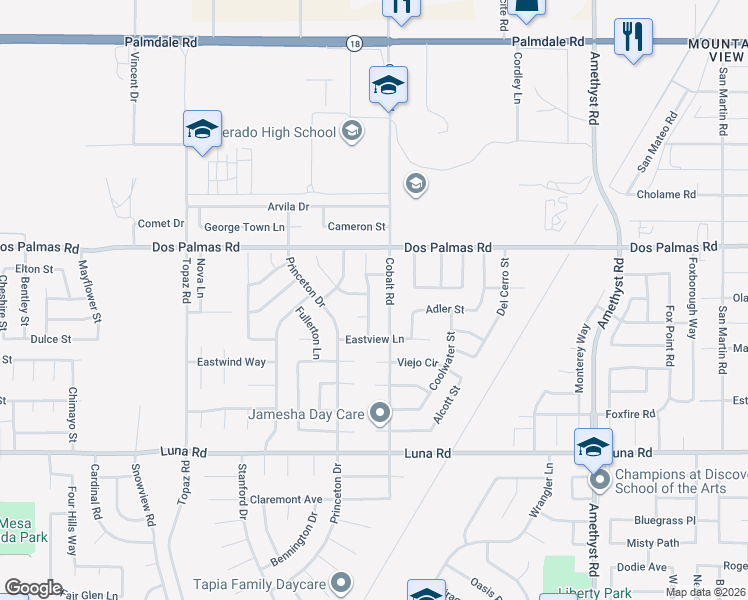 map of restaurants, bars, coffee shops, grocery stores, and more near 13560 Cobalt Road in Victorville