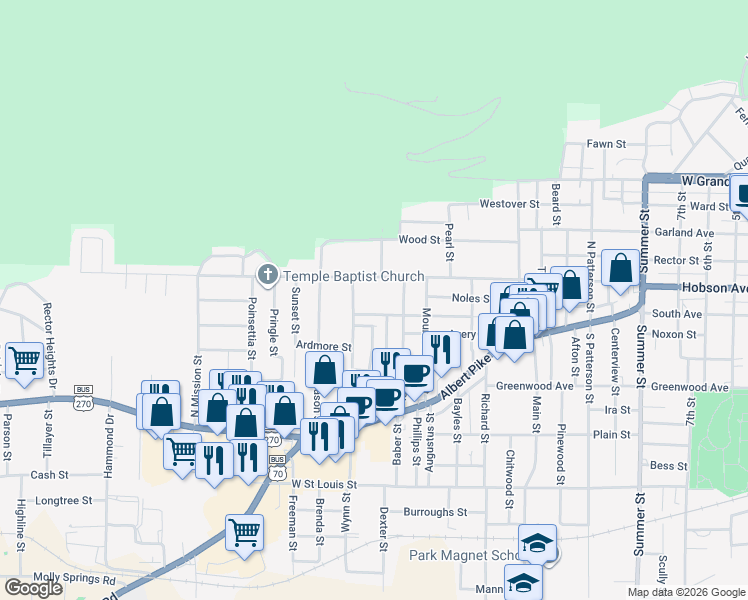 map of restaurants, bars, coffee shops, grocery stores, and more near 416 Campbell Street in Hot Springs