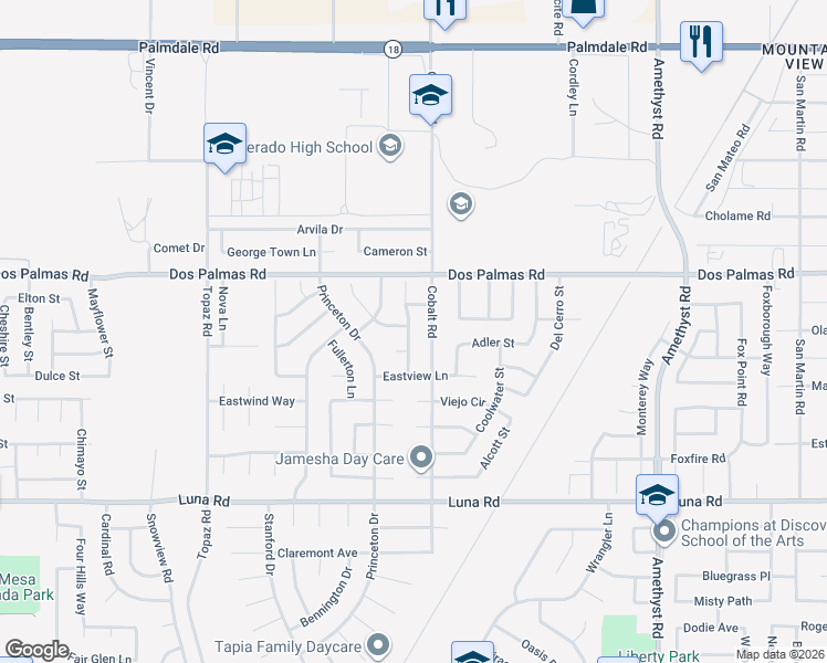 map of restaurants, bars, coffee shops, grocery stores, and more near 13560 Cobalt Road in Victorville