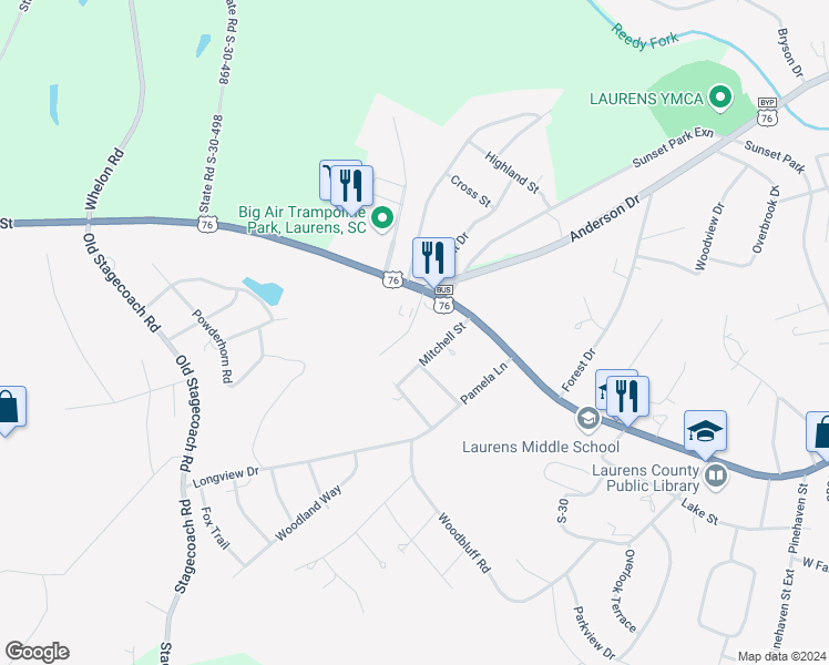 map of restaurants, bars, coffee shops, grocery stores, and more near 301 Ashley Lane in Laurens