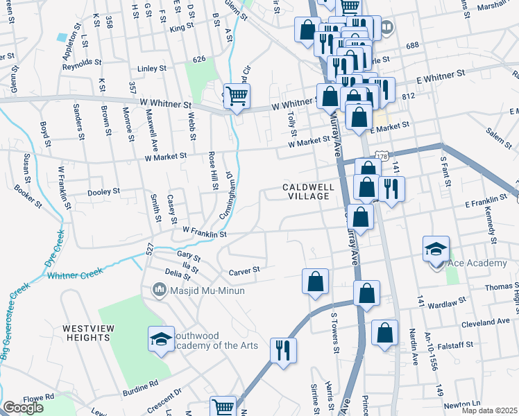 map of restaurants, bars, coffee shops, grocery stores, and more near 423 Reed Court in Anderson