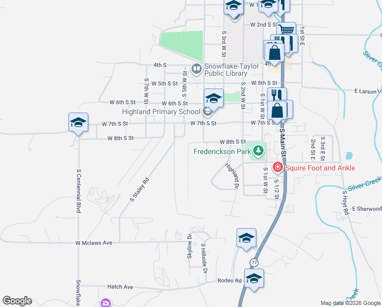 map of restaurants, bars, coffee shops, grocery stores, and more near 879 Sunset Drive in Snowflake