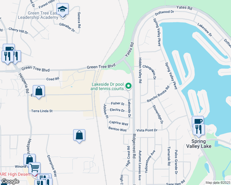 map of restaurants, bars, coffee shops, grocery stores, and more near 17589 Hudson Drive in Victorville