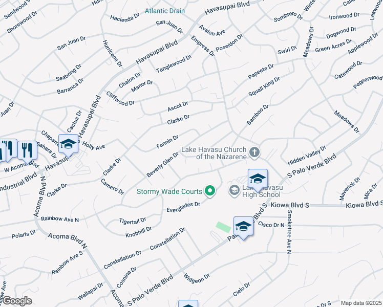 map of restaurants, bars, coffee shops, grocery stores, and more near 2543 Rainbow Place in Lake Havasu City
