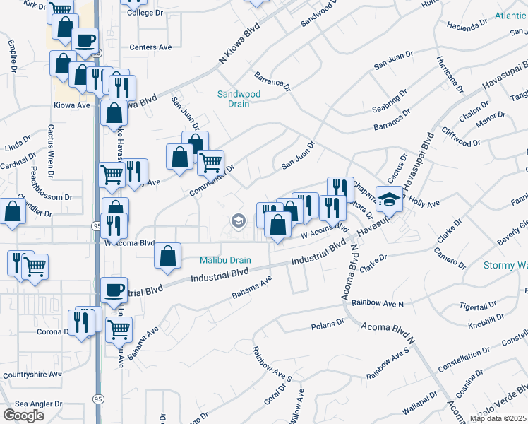 map of restaurants, bars, coffee shops, grocery stores, and more near 2020 Chaparral Drive in Lake Havasu City