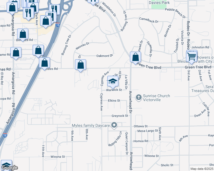 map of restaurants, bars, coffee shops, grocery stores, and more near 13577 Arroyo Drive in Victorville