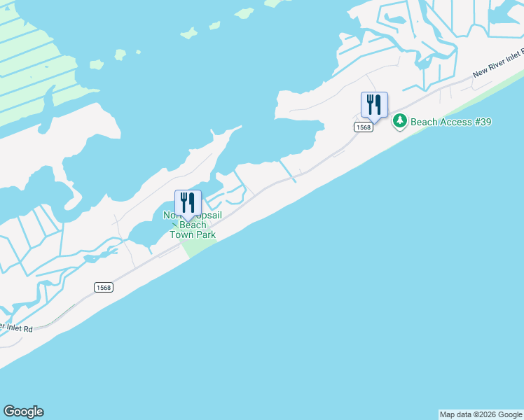 map of restaurants, bars, coffee shops, grocery stores, and more near 592 New River Inlet Road in North Topsail Beach
