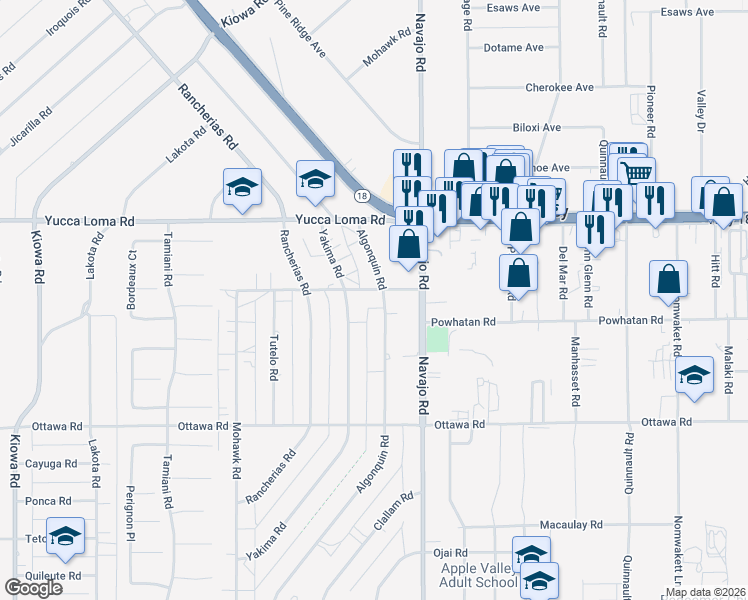 map of restaurants, bars, coffee shops, grocery stores, and more near 13508 Algonquin Road in Apple Valley