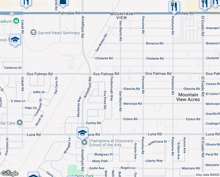 map of restaurants, bars, coffee shops, grocery stores, and more near 13606 Foxborough Way in Victorville