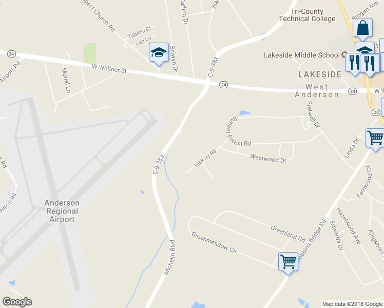 map of restaurants, bars, coffee shops, grocery stores, and more near 308 Hickory Road in Anderson