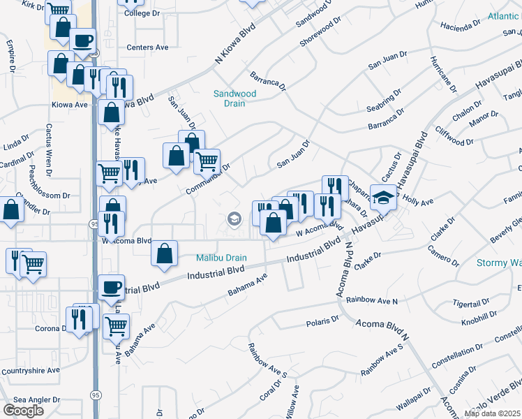 map of restaurants, bars, coffee shops, grocery stores, and more near 2019 West Acoma Boulevard in Lake Havasu City