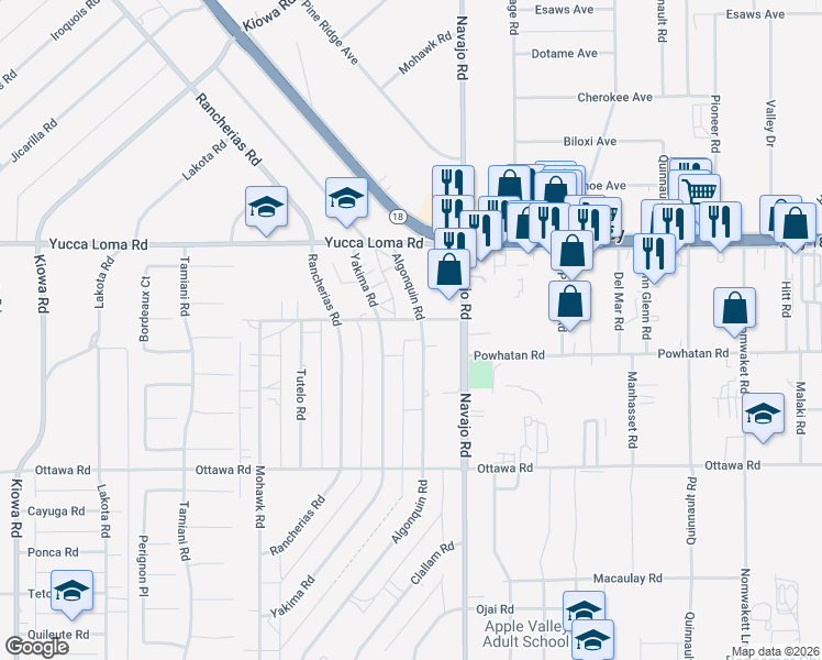 map of restaurants, bars, coffee shops, grocery stores, and more near 13508 Algonquin Road in Apple Valley