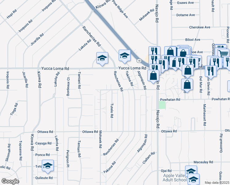 map of restaurants, bars, coffee shops, grocery stores, and more near 13489 Tutelo Road in Apple Valley