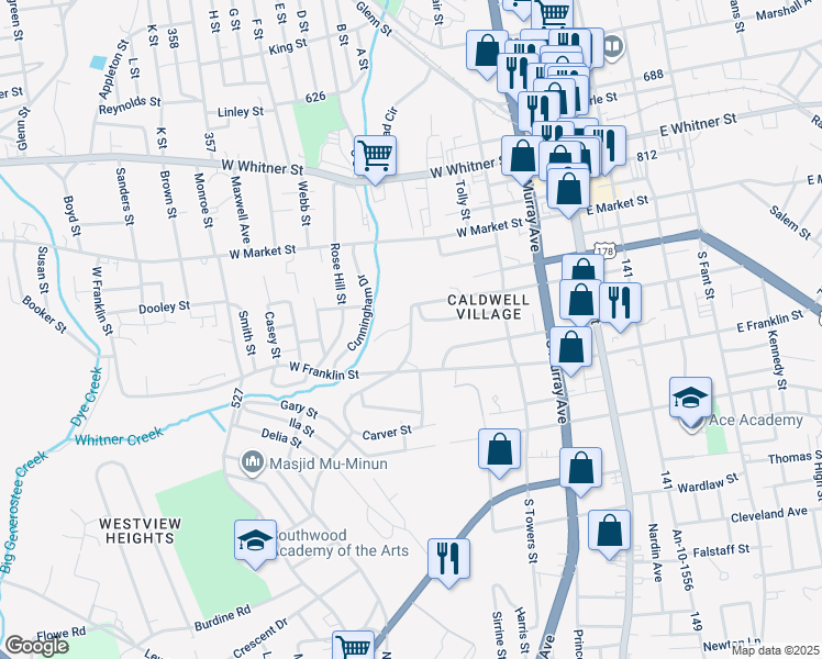 map of restaurants, bars, coffee shops, grocery stores, and more near 423 Reed Court in Anderson