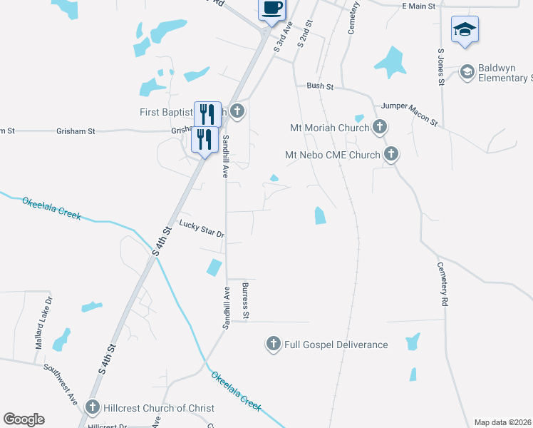 map of restaurants, bars, coffee shops, grocery stores, and more near 820 Bowdry Drive in Baldwyn