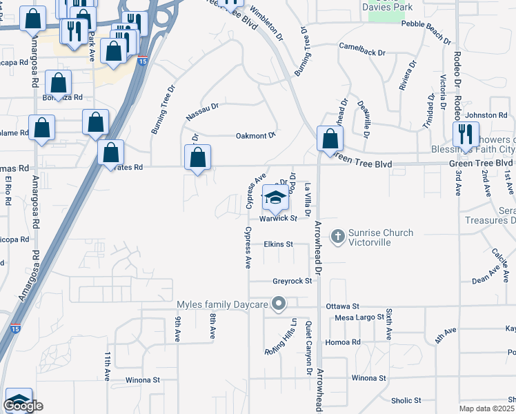 map of restaurants, bars, coffee shops, grocery stores, and more near 13577 Arroyo Drive in Victorville