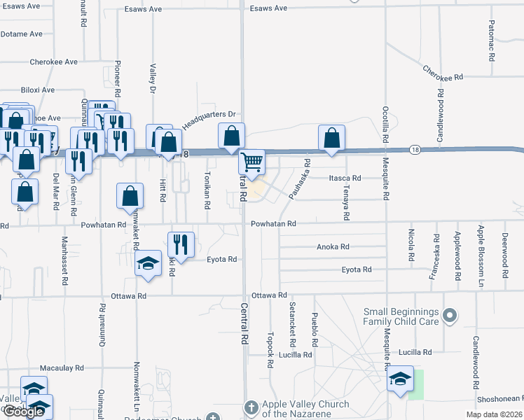 map of restaurants, bars, coffee shops, grocery stores, and more near 13549 Niabi Road in Apple Valley